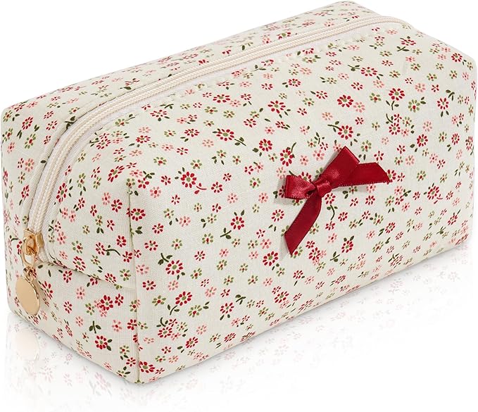 Makeup Bag Travel Toiletry Bag for Women, Small Cosmetic Bags Cute Quilted Cotton Makeup Pouch for Purse Emergency Bag for School Floral Pencil Case Accessory Bag, Tie Bow