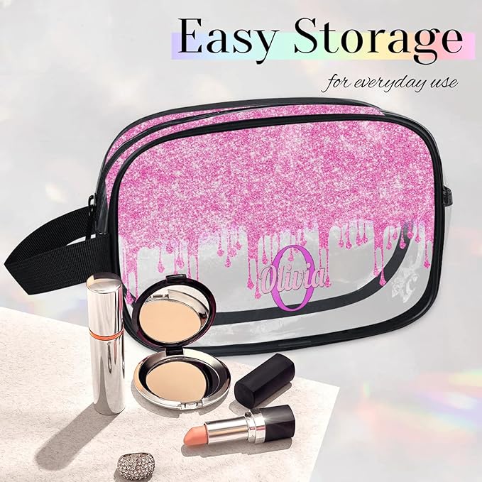 Custom Travel Toiletry Bag for Women, Clear PVC Large Makeup Bag, Cosmetic Bag, Comestic Essentials for Women, Light Pink Curtain Glittering