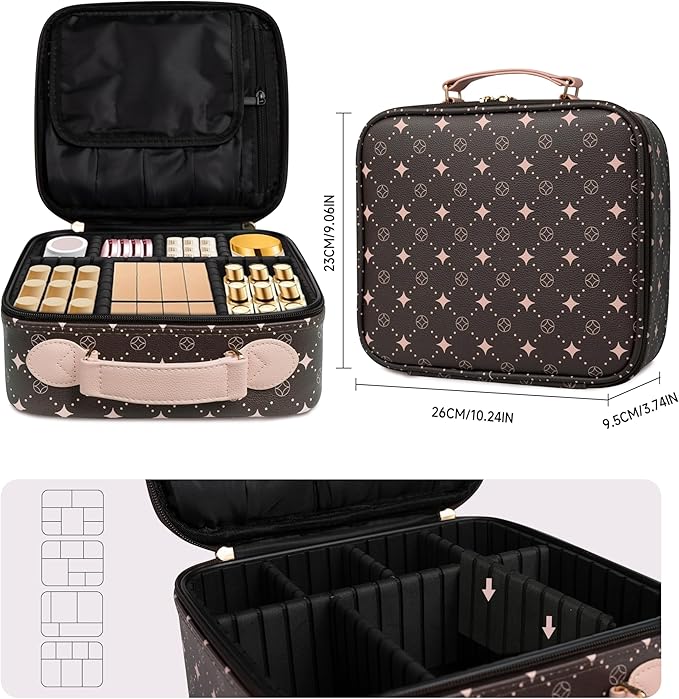 Travel Makeup Bag,Waterproof Cosmetic Organizer, Adjustable Dividers,Portability Cosmetic Train Case,Makeup organizer,Gift for Women,Girls Gift (Coffee+Pink)