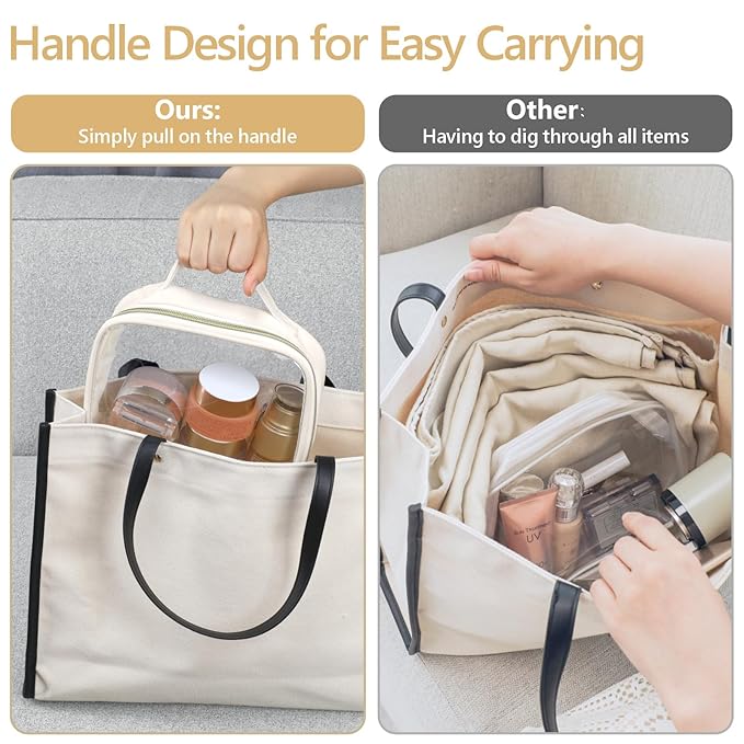 PACKISM Clear Makeup Bag - 2 Pack TSA Approved Toiletry Bag with Handle and 180° Large Opening, Sturdy Clear Toiletry Bag Fit Carry-on Travel Essential, Travel Bags for Toiletries, Creamy Off-White