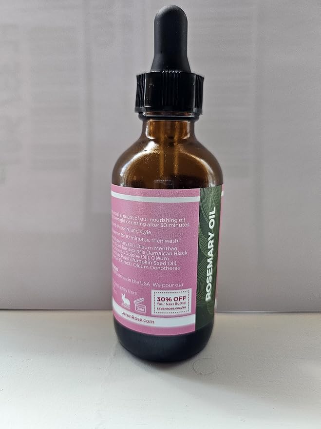 Leven Rose Organic Rosemary Hair Growth Oil with Castor, Rosemary, Peppermint, Jojoba, Argan, Pumpkin Seed, Horse Tail Extract, Evening Primrose for all Hair Types, Natural, 2 oz