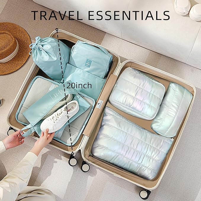 Hiroyuki Iridescent Quilted Makeup Bag, 3pcs Cute Makeup Bag Set, Large Capacity Cosmetic Organizer Travel Toiletry Pouch (plain, cyan)