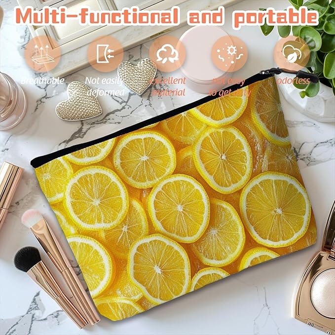 Cosmetic Bags Travel Makeup Toilet Case Waterproof Pouch for Women Girls 6.7X9.45inches - Arrangement of Lemon Slices in A Bright Yellow