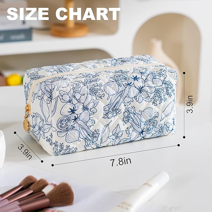 Makeup Bag Travel Toiletry Bag for Women, Small Cosmetic Bags Cute Quilted Cotton Makeup Pouch for Purse Emergency Bag for School Floral Pencil Case Accessory Bag, Light Cyan