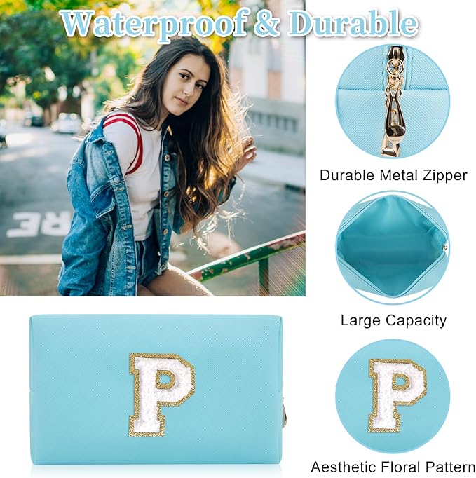 Personalized Initial Letter Patch Makeup Bag, Preppy Portable Chenille Cosmetic Bag with Zipper, PU Leather Waterproof Travel Toiletry Bag Monogram Make Up Pouch for Women Girls