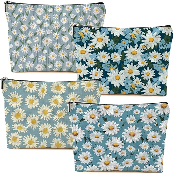 4 Packs Daisy Flowers Makeup Bag Daisy Gifts Floral Wildflower Cosmetic Bag Friend Friendship Gifts for Women Girls Sister Botanical Travel Organizer Zipper Pouch Christmas Thanksgiving Birthday Gift