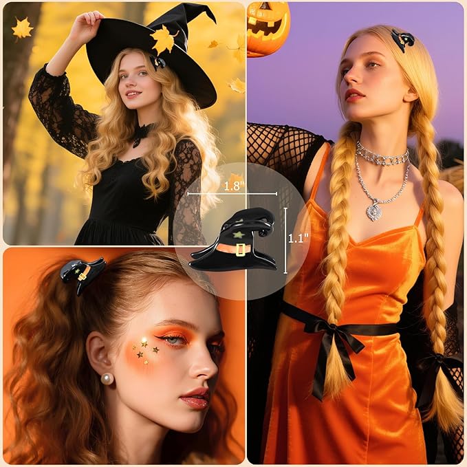 Original Italian-Designed Mini Halloween Hair Claw Clips for Women - Black Witch Hat, Handmade Cute Vintage Halloween Hair Accessories for Hair Deco, Plant-Based Acetate, Gift Boxed