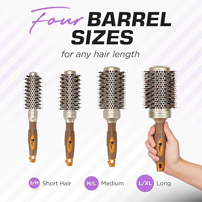 Fagaci Small Round Brush for Blow Drying with Natural Boar Bristle, Hair Styling, Drying, Healthy Hair and Add Volume, Ceramic Gold, Hair Brush + 4 Styling Clips