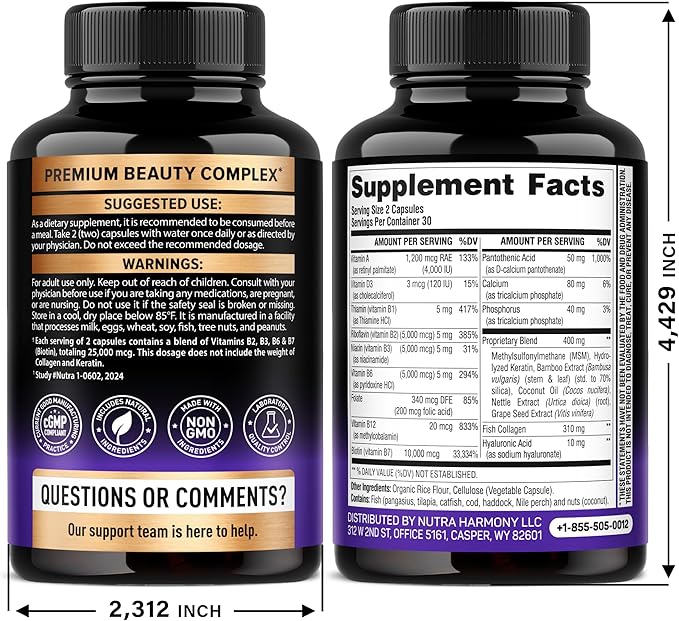 Biotin | Collagen | Hyaluronic Acid | Keratin - Clinically Tested Supplement - Hair Growth Support, Skin & Nails - 25000 mcg Vitamins B2, B3, B6 & B7 + B1 - Made in USA - Women & Men | 60 Capsules