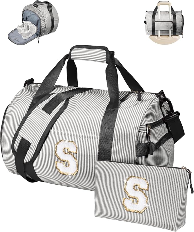 Cool Stuff for Teen, Girls Travel Duffle Bag, Kids Initial Overnight Bags with Shoe Compartment, Monogram Weekender Bag with Makeup Pouch, Gift for 7 8 9 10 11 12 Year Old Girl (Letter S)