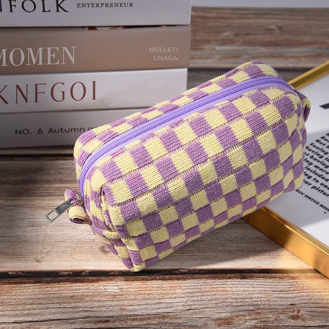 SOIDRAM 2 Pieces Makeup Bag Checkered Cosmetic Bag Purple Blue Makeup Pouch Travel Toiletry Bag Organizer Cute Makeup Brushes Storage Bag for Women