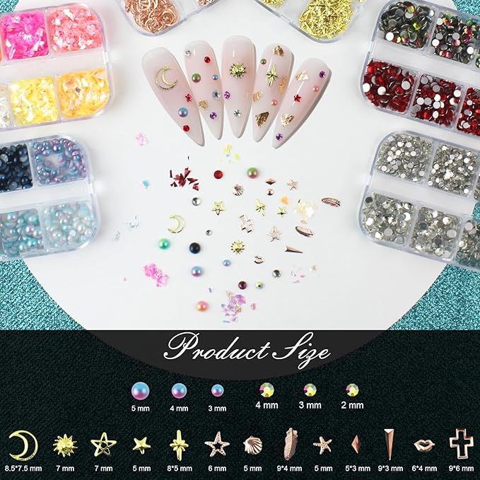 Artdone Nail Art Studs Kit, 6 boxes Multicolor And Design 3D Charms Pearls With 15 Sheets Gold Nail Stickers, Diamond Cute Nail Jewels For DIY Decoration with Pickup Tools