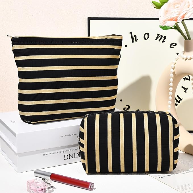 SOIDRAM 2 Pieces Makeup Bag Large Stripe Cosmetic Bag Capacity Canvas Mix Travel Toiletry Bag Organizer Cute Makeup Brushes Aesthetic Accessories Storage Bag for Women, Stripe Mix Black