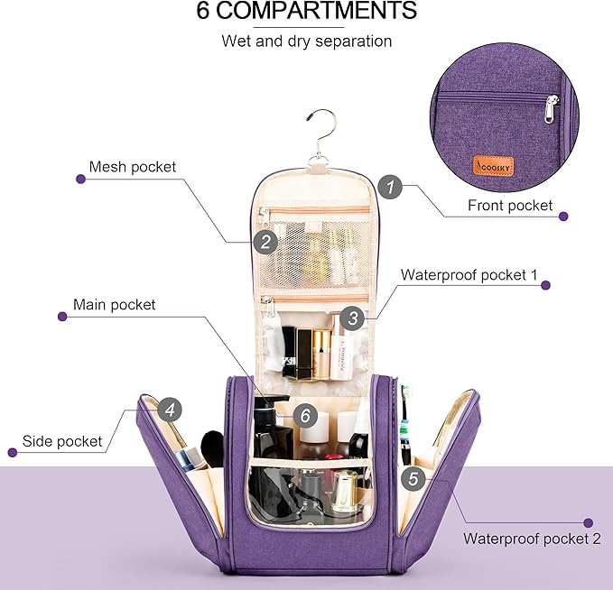 Hanging Travel Toiletry Bag for Women and Men, 6 Organizer Compartments, Large Toiletries essentials, Bathroom Cosmetic Accessories, Water-resistant Makeup Bag, Holds Full-Size Shampoo, Purple