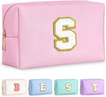 TOPEAST Initial Makeup Bag for Women, Travel Small Cosmetic Bag Cute Pink Personalized Preppy Makeup Pouch, Birthday Travel Gifts for Women (Pink S)