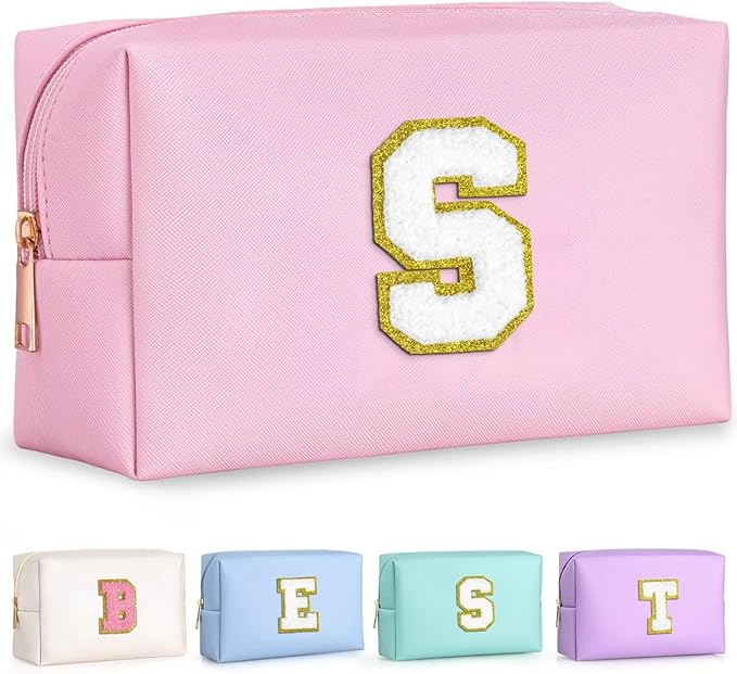 TOPEAST Initial Makeup Bag for Women, Travel Small Cosmetic Bag Cute Pink Personalized Preppy Makeup Pouch, Birthday Travel Gifts for Women (Pink S)
