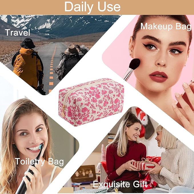 Cute Square Floral Cotton Makeup Cosmetic Bag for Women Girls, Travel Quilted Zipper Make Up Bag, Square Flowers Organizer Case Kawaii Makeup Cosmetic Travel Cloth Pouch (Red Floral)