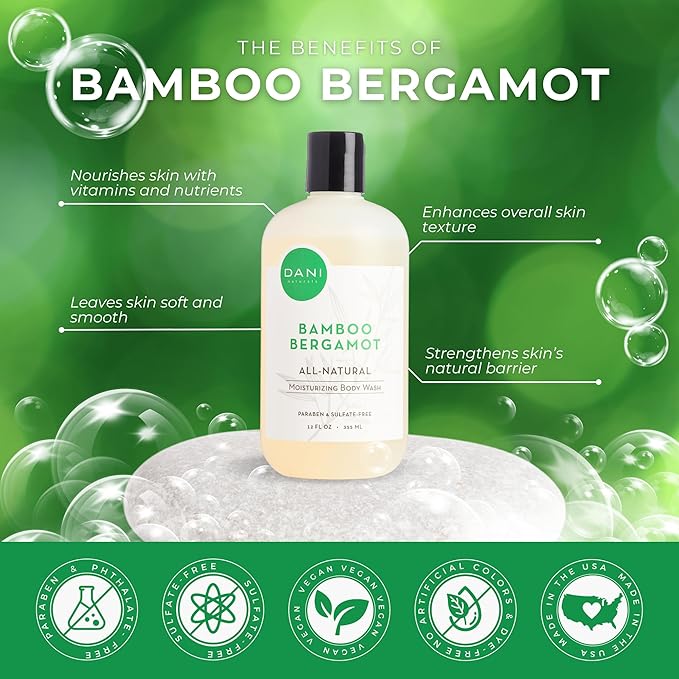 DANI Naturals Moisturizing Body Wash - Refreshing Bamboo Bergamot Scent with Organic Aloe Vera & Natural Glycerin - Paraben & Sulfate-Free Shower Gel - For Men & Women - 12 oz - Vegan & Cruelty-Free