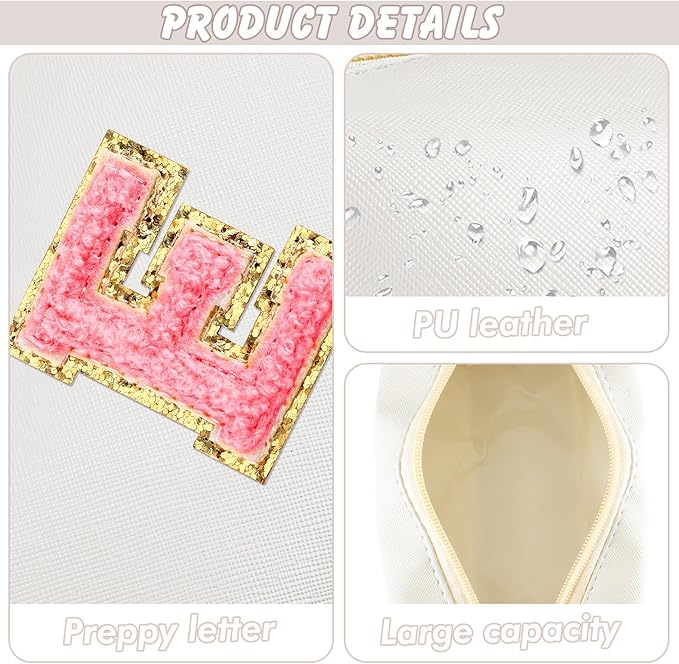 Initial Makeup Bag Personalized Preppy Travel Small Cosmetic Bag Cute PU White Chenille Letter Makeup Pouch for Purse Waterproof Zippered Toiletry Organizer for Women Girls Kids Friends (E)
