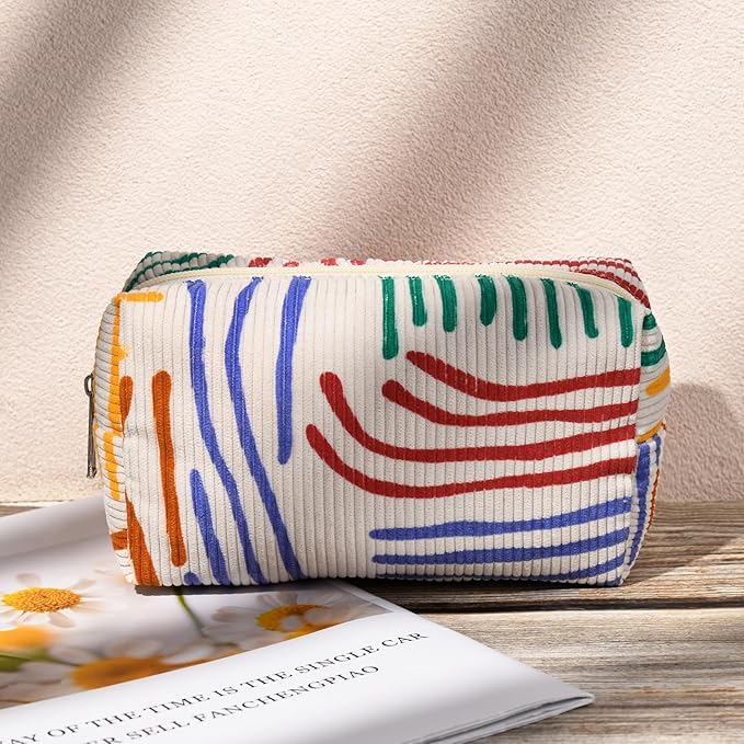 SOIDRAM 2 Pieces Stripes Makeup Bag Large Corduroy Cosmetic Bag Capacity Canvas Mix Travel Toiletry Bag Organizer Cute Makeup Brushes Aesthetic Accessories Storage Bag for Women, Stripes Mix Colorful