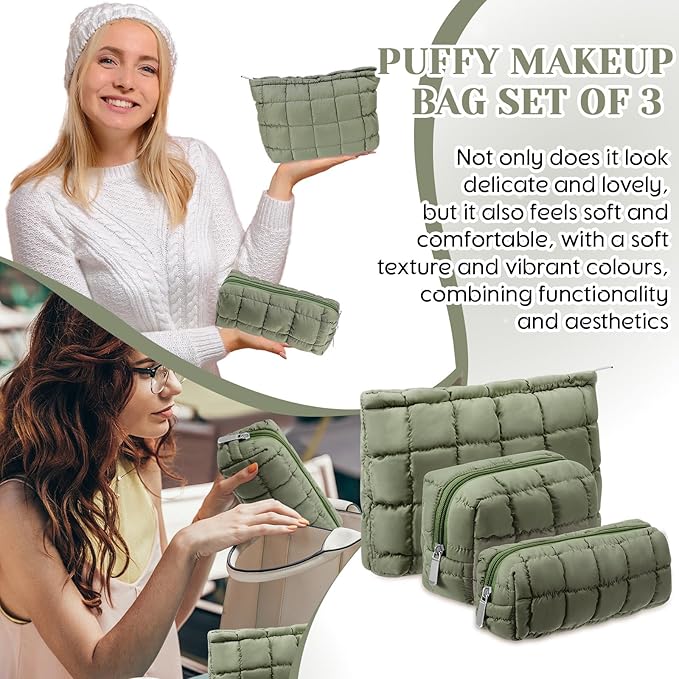 3 Pcs Puffy Makeup Bag Quilted Cosmetic Pouch for Women Cute Checkered Travel Toiletry Bag Puffer Makeup Organizer Purse Pouch Preppy Pencil Case with Zipper(Green)