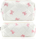 2Pcs Cotton Quilted Makeup Bag for Women Small Coquette Cosmetic Bags Cute Zipper Pink Bow Makeup Pouch Aesthetic Portable Pencil Case Travel Toiletry Bag Trendy Cloth Skincare Bags