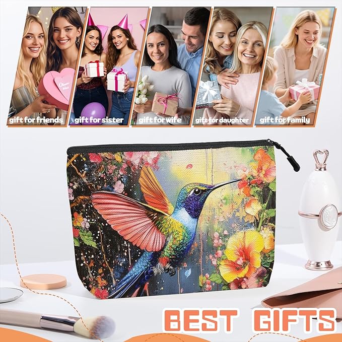 Cosmetic Bags Travel Makeup Toilet Case Waterproof Pouch for Women Girls 6.7X9.45inches - Colorful Hummingbird in A Floral Flight