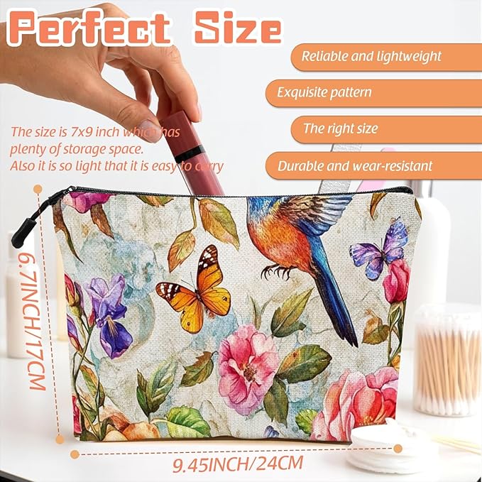 Cosmetic Bags Travel Makeup Toilet Case Waterproof Pouch for Women Girls 6.7X9.45inches - Whimsical Flower - Bird - Butterfly World