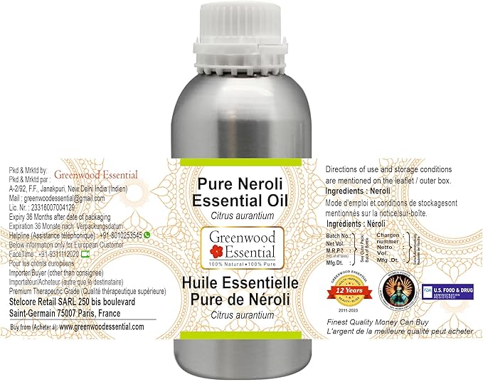 Greenwood Essential Pure Neroli Essential Oil (Citrus aurantium) Steam Distilled 300ml (10 oz)