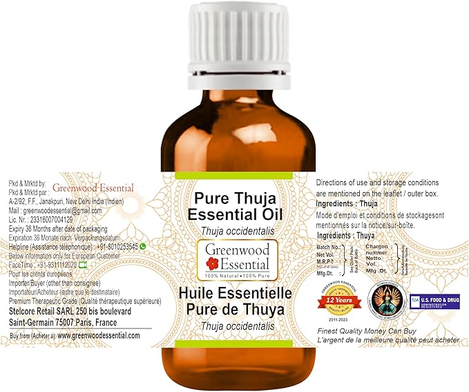 Greenwood Essential Thuja Essential Oil (Thuja occidentalis) Pure | Non-Sticky | Non-Greasy | Lightweight | Men & Women | All Skin Types | Steam Distilled 10ml (0.33 oz)