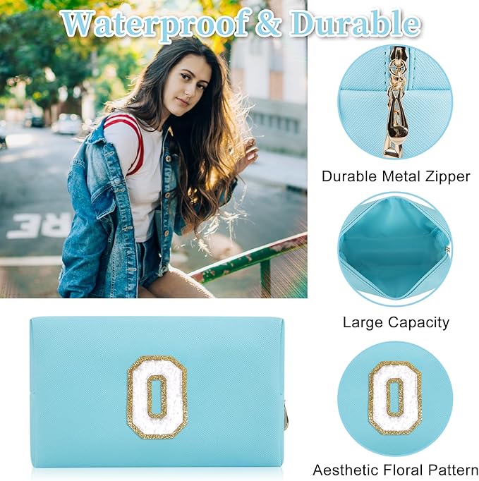 Personalized Initial Letter Patch Makeup Bag, Preppy Portable Chenille Cosmetic Bag with Zipper, PU Leather Waterproof Travel Toiletry Bag Monogram Make Up Pouch for Women Girls