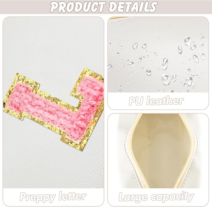 Initial Makeup Bag Personalized Preppy Travel Small Cosmetic Bag Cute PU White Chenille Letter Makeup Pouch for Purse Waterproof Zippered Toiletry Organizer for Women Girls Kids Friends (L)