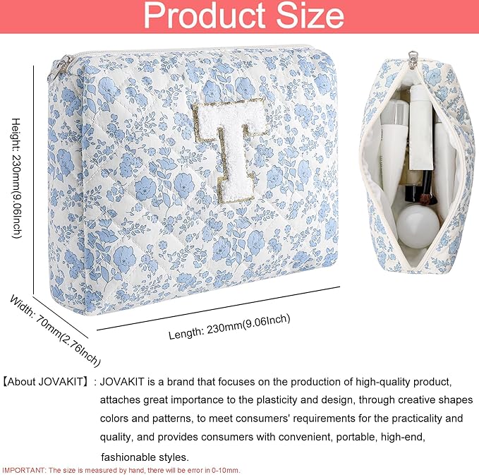 JOVAKIT Alphabet Makeup Bag Cosmetic Bag for Women, Christmas Gifts for Girls Age 6-18, Floral Flowers Coquette Travel Toiletry Zipper Make Up Pouch Organizer Trendy Stuff (2Pcs Blue Floral T)