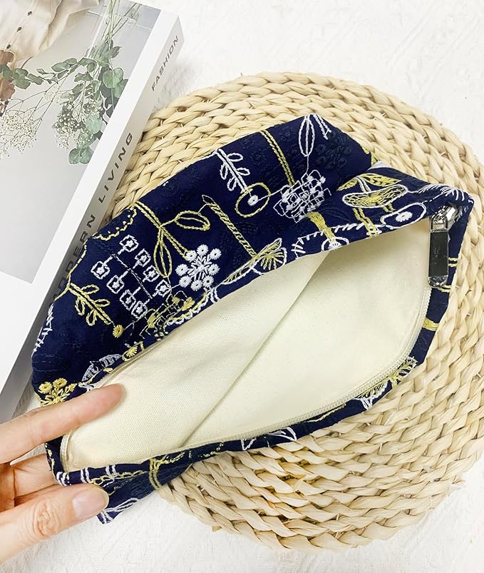 2 Pcs Makeup Bags, Large Cosmetic Bag Travel Toiletry Bag Organizer for Women, Embroidery Craft, Floral Makeup Bag Small Cosmetic Pouch Purse with Zipper, Gifts for Girls Teen (Blue-tree)