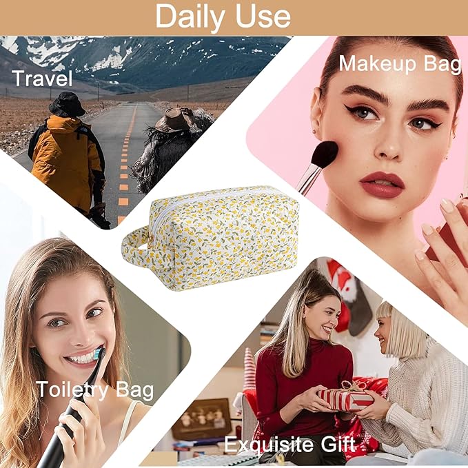 Makeup Bag Travel Cosmetic Bag for Women, Zipper Make Up Pouch, Floral Flowers Toiletry Organizer Makeup with Handle, Cosmetic Travel Cloth Bag (Yellow Floral)