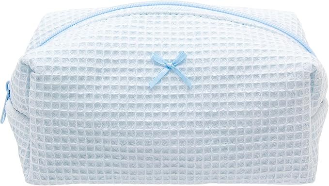 PAZIMIIK Cozy Makeup Bag Travel Cosmetic Bag for Women Soft Toiletry Bag Aesthetic Makeup Organizer Portable Large Zipper Pouch for Skincare Beauty Accessories Brushes Waffle Check Blue