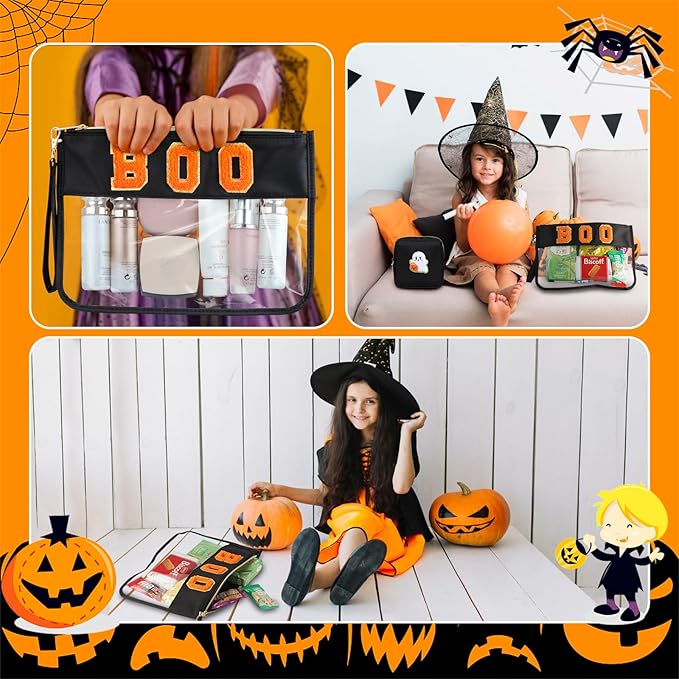 2 Pcs Halloween Gifts Cosmetic Makeup Bag with Boo Chenille Letter Patch, Clear Pouch PVC Organizer Purse, Waterproof Travel Bag, Portable Toiletry Storage Bag for Her Girls Friends Women
