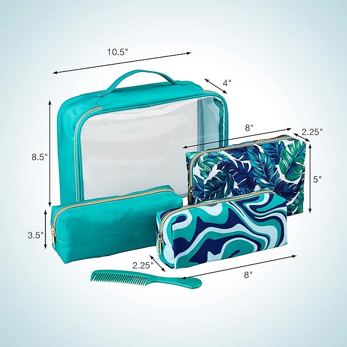 Conair 5 Piece Toiletry and Cosmetic Bag Set Under $30, Includes 4 Makeup Bags and 1 Travel Comb in Teal Palm Prints