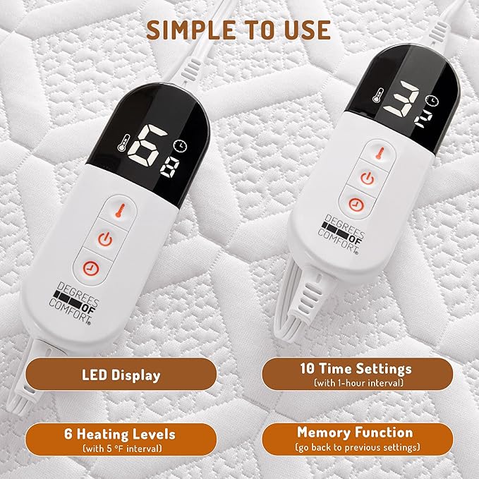 King Size Heated Mattress Pad - Degrees of Comfort Electric Bed Warmer with Dual Controllers, 6 Heating Levels, 10-Hour Auto Shut-Off, Breathable Air-Layer, 78"x80"