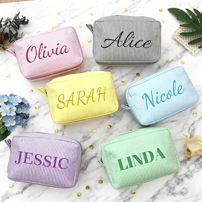 Personalized Makeup Bag with Embroidered Name,Custom Travel Toiletry Stripe Cosmetic Bag, Wedding Gift for Bridesmaid/Women/Girl