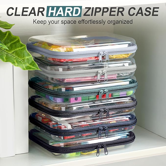 Sanwuta 6 Pcs Clear Hard Zipper Case Hard Plastic Zipper Pouches Makeup Bag Pencil Pouches Transparent Cases for Snacks Plastic Storage Organizer Box for Travel(Blue-green,7.87 x 5.9 x 2 Inch)