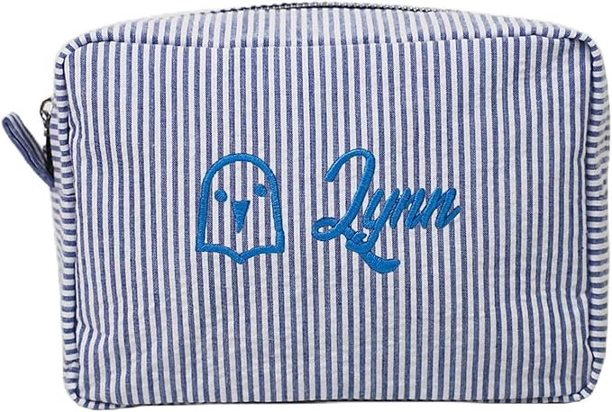 Custom Makeup Bag Personalized Cosmetic Bag Cute Seersucker Travel Toiletry Bag for Women Embroidered Bag Organizer for Bride Makeup Bag Gift Darkblue