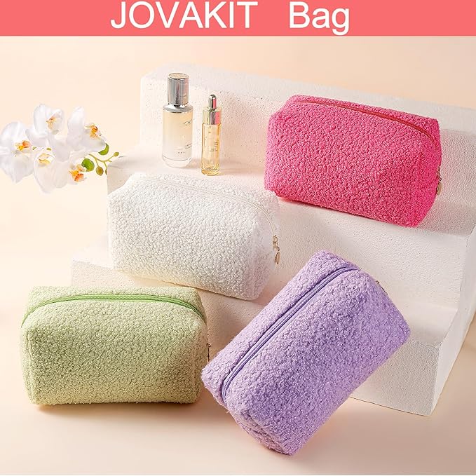 JOVAKIT Travel Makeup Bag Cosmetic Bag for Women, Fashion Christmas Gifts, Plush Zipper Make Up Pouch, Large Capacity Toiletry Organizer Makeup, Portable Storage Bag Trendy Stuff (Pink)