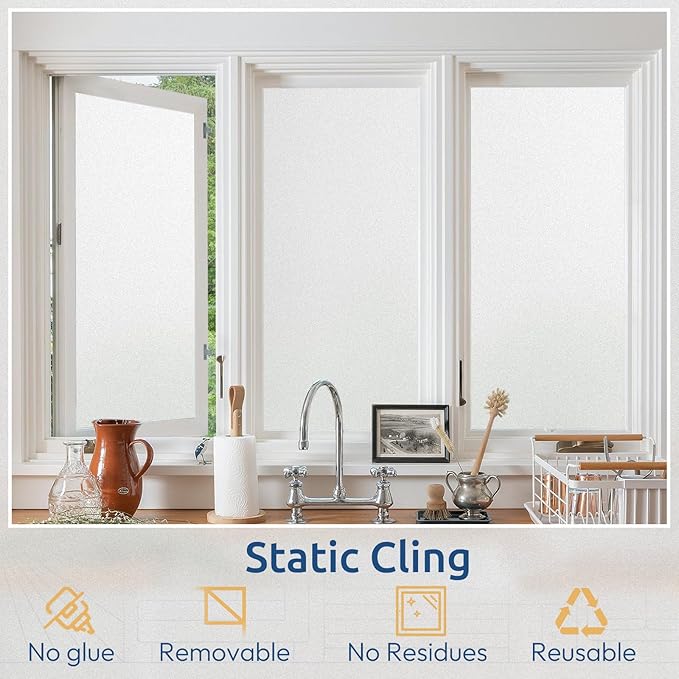 rabbitgoo Window Privacy Film, Non-Adhesive Frosted Glass Window Film for Bathroom, Static Cling Heat Blocking Stickers for Home Indoor Opaque Frosting Coverings House Tint, Matte White 35.4" x 157"
