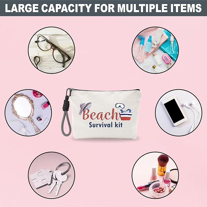 Funny Make Up Bag For Woman, Cosmetic Bag With Hand Strap- Beach Survival Kit - Lined Toiletry Bag - Retro Summer Theme Pouch, Girl Organizer With Zipper, Women Essentials & Accessories - B05