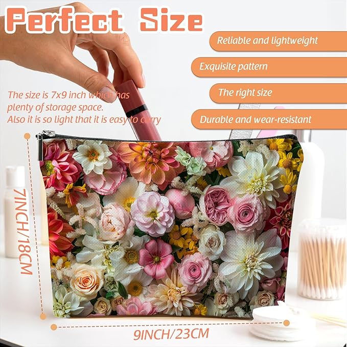 Makeup Bag Travel Cosmetic Bags Small Makeup Case Waterproof Zipper Pouch for Women Girls 7X9inches - Exuberant Array of Multicolored Fresh Flowers