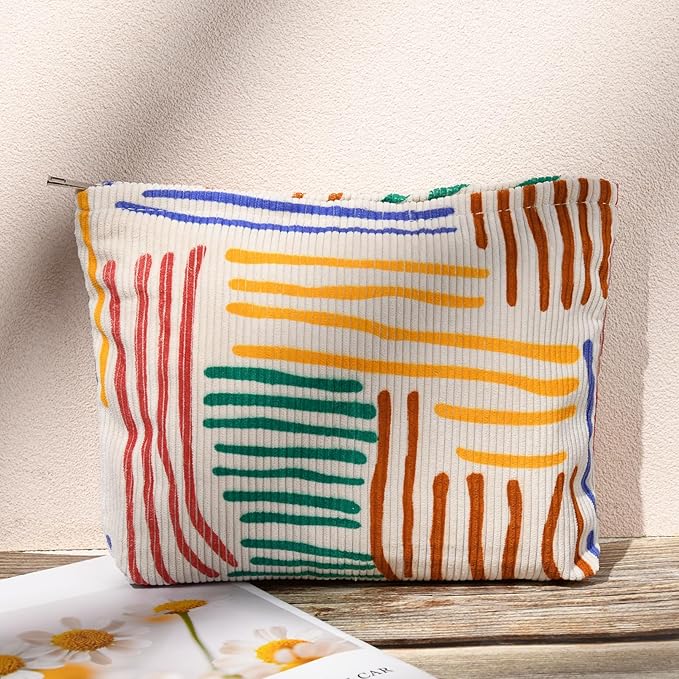 SOIDRAM 2 Pieces Stripes Makeup Bag Large Corduroy Cosmetic Bag Capacity Canvas Mix Travel Toiletry Bag Organizer Cute Makeup Brushes Aesthetic Accessories Storage Bag for Women, Stripes Mix Colorful