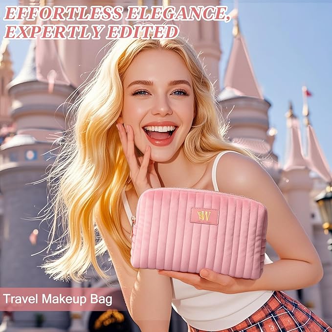 Monogrammed Make Up Bags for Women,Personalized Cosmetic Bags Women,Small Quilted Makeup Pouch,Cute Makeup Bag Travel,Birthday Gifts for Teen Girl (Pink W)