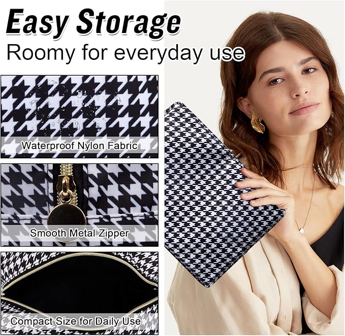 Nylon Large Makeup Bag Black Houndstooth Travel Pouch for Women, Big Preppy Makeup Bag Cute Cosmetic Zipper Pouch Purse, Waterproof Toiletry Bag Clutch Makeup Organizer for Girls(Black Houndstooth)