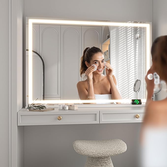 Hasipu Vanity Mirror with Lights, 50" x 34" LED Makeup Mirror, Lighted Makeup Mirror with Dimmable 3 Modes, Touch Screen Control Vanity Mirror Square White